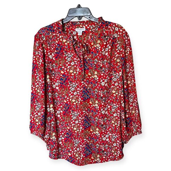Carolina Belle Montreal Red Floral Pullover Blouse with Tie Neck Size 2X - Picture 1 of 11
